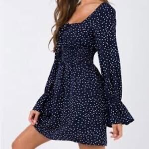 Navy Blue Long Sleeve Polka Dot Dress